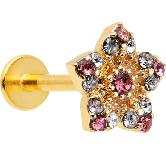 16G 5/16 Pink Gem Gold Tone Texture Star Labret Monroe Tragus