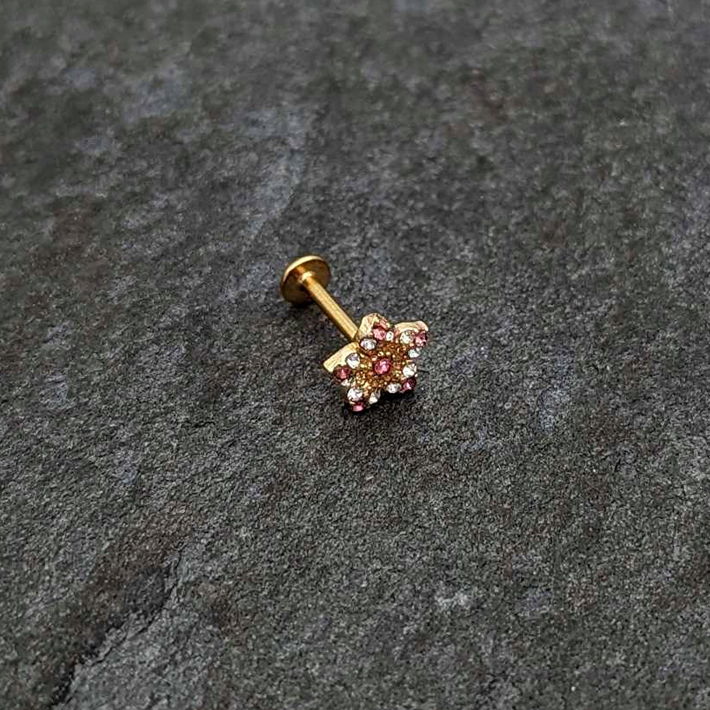 16G 5/16 Pink Gem Gold Tone Texture Star Labret Monroe Tragus