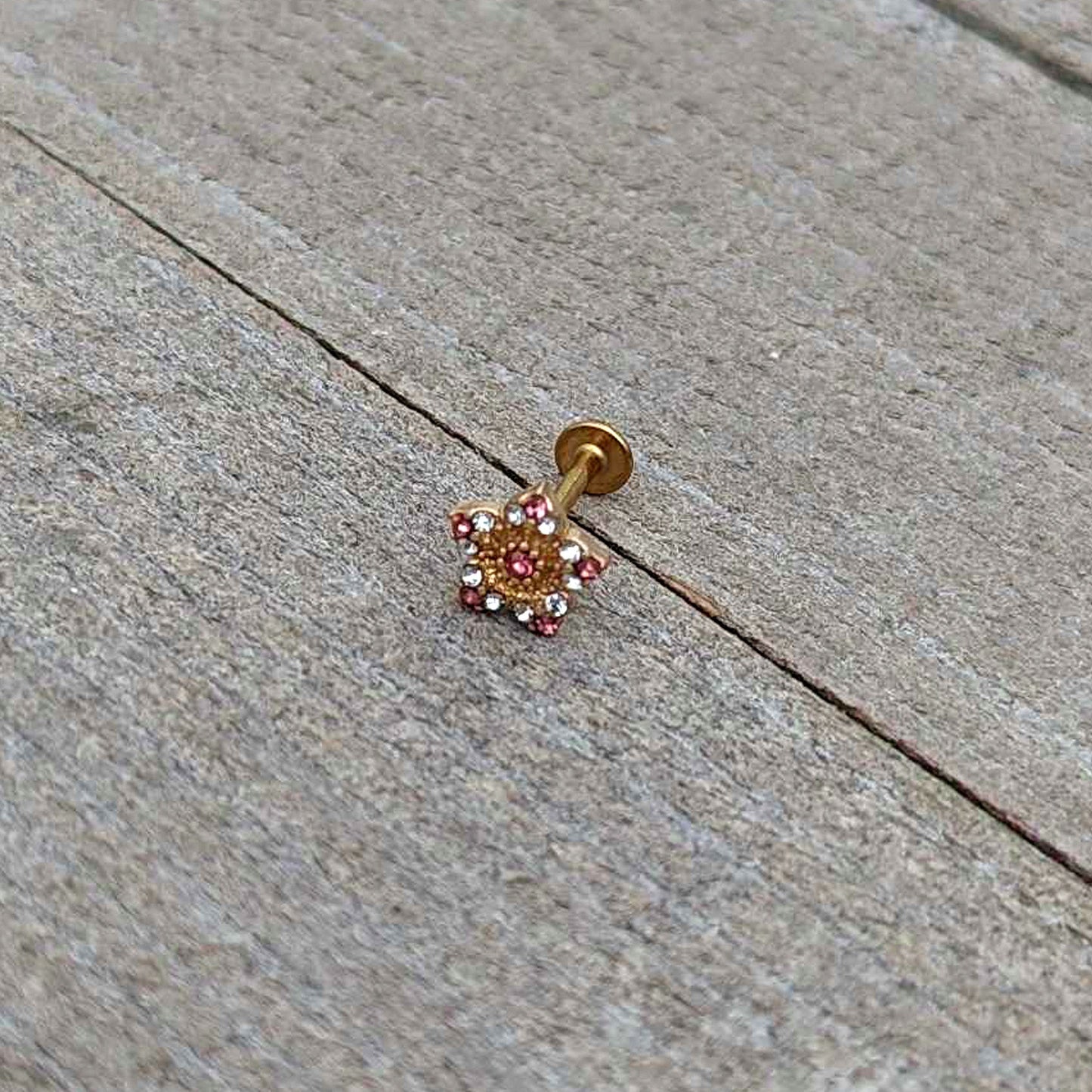 16G 5/16 Pink Gem Gold Tone Texture Star Labret Monroe Tragus