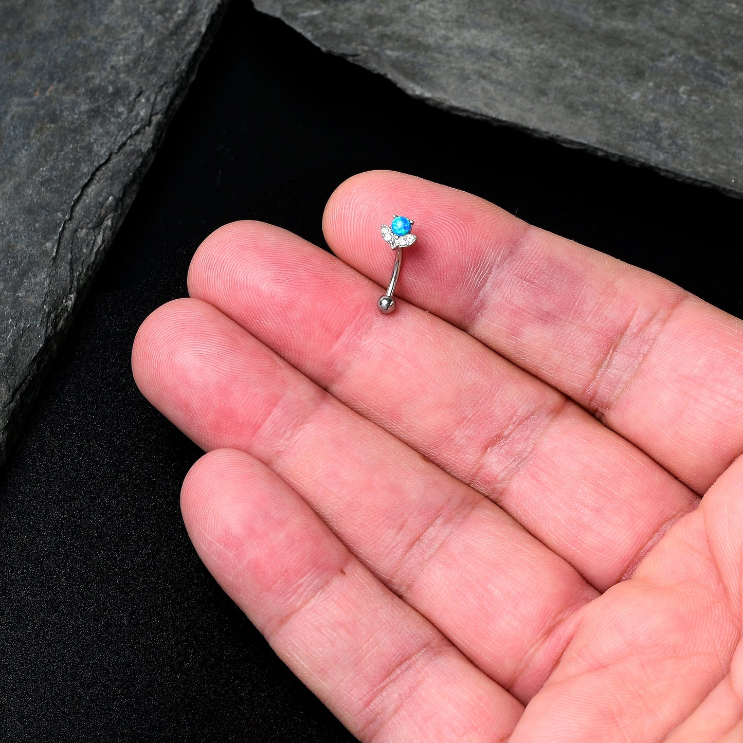 16G 5/16 Clear Gem Blue Faux Opal Style Flower Curved Eyebrow Ring