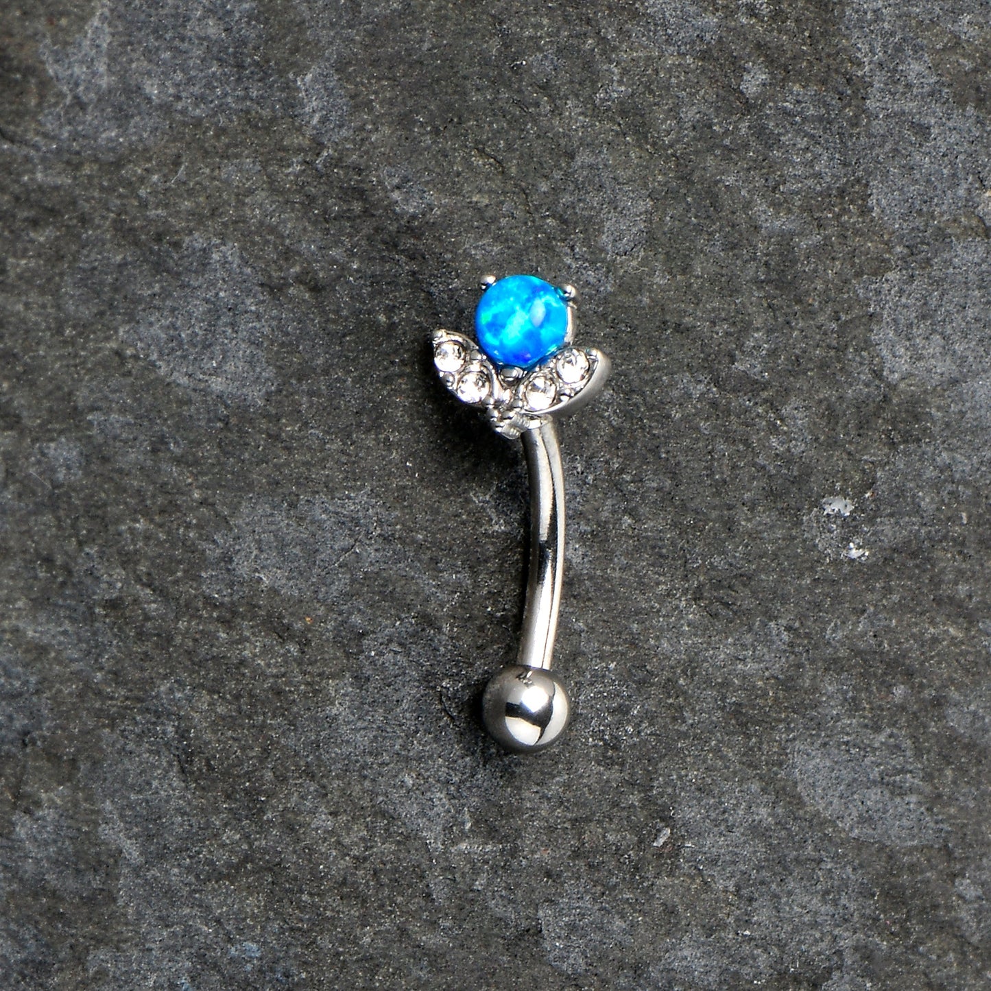 16G 5/16 Clear Gem Blue Faux Opal Style Flower Curved Eyebrow Ring
