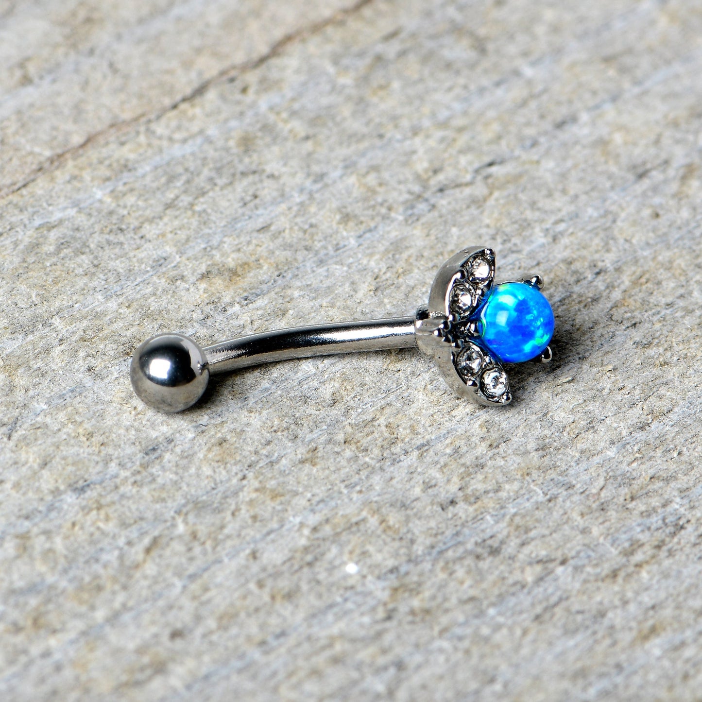 16G 5/16 Clear Gem Blue Faux Opal Style Flower Curved Eyebrow Ring