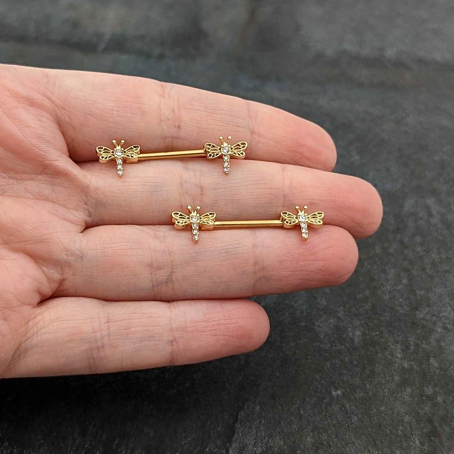 14G 9/16 Clear Gem Gold Tone Flying Dragonfly Nipple Ring Set