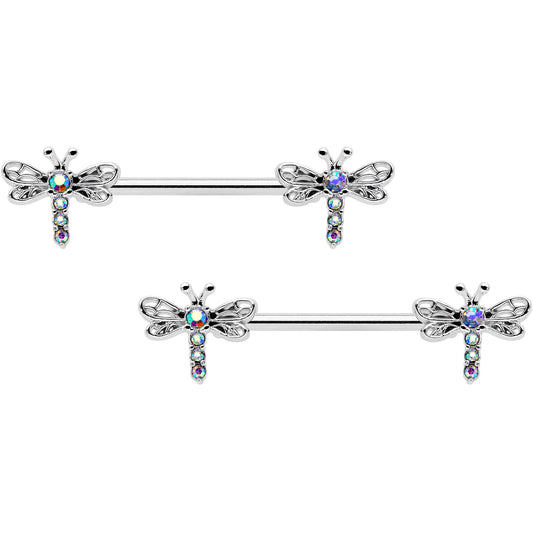 14G 9/16 Aurora Gem Ornate Dragonflies Barbell Nipple Ring Set