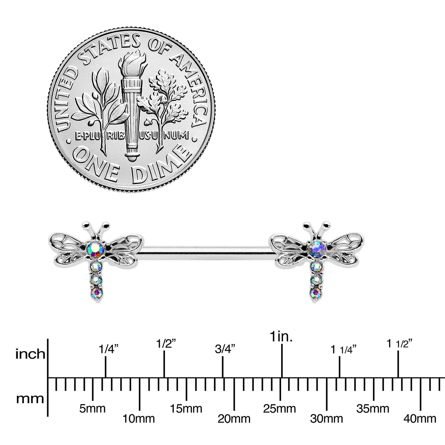 14G 9/16 Aurora Gem Ornate Dragonflies Barbell Nipple Ring Set