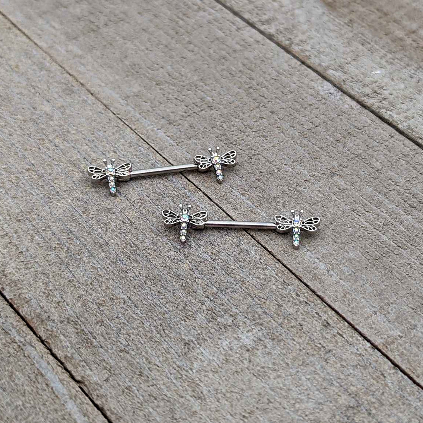 14G 9/16 Aurora Gem Ornate Dragonflies Barbell Nipple Ring Set