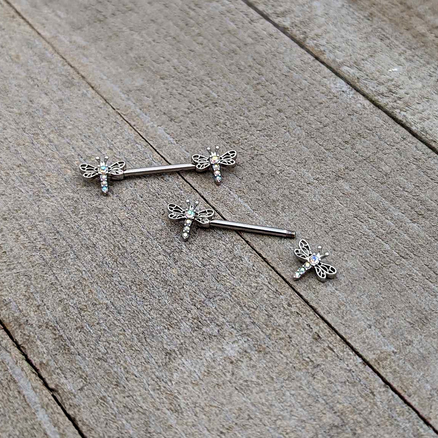 14G 9/16 Aurora Gem Ornate Dragonflies Barbell Nipple Ring Set