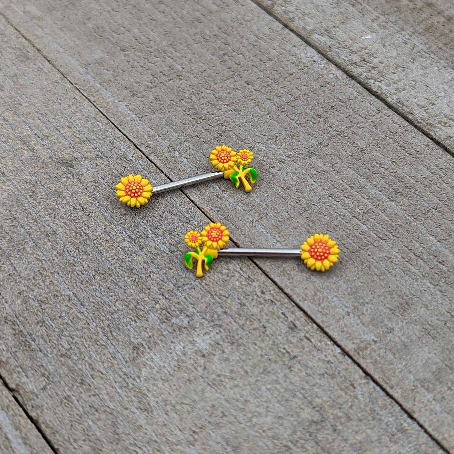 14G 9/16 Happy Yellow Sunflower Trio Barbell Nipple Ring Set