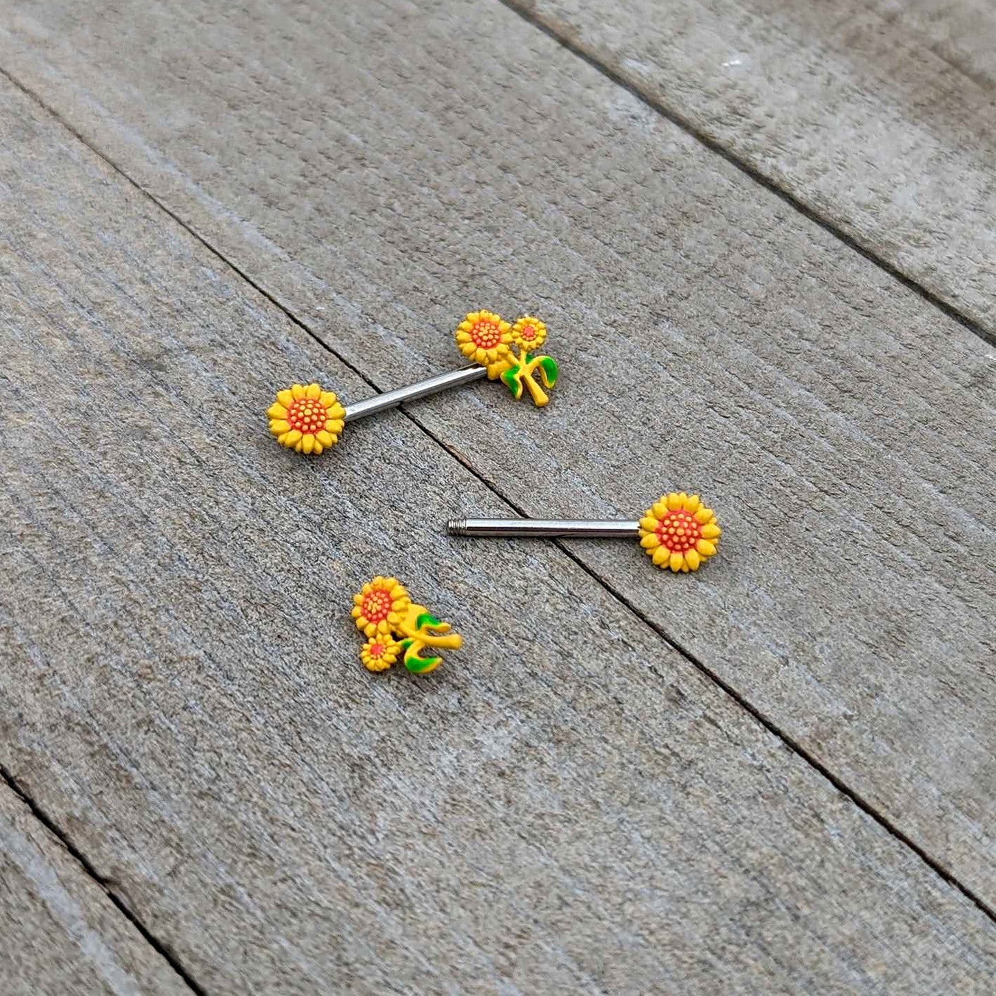 14G 9/16 Happy Yellow Sunflower Trio Barbell Nipple Ring Set