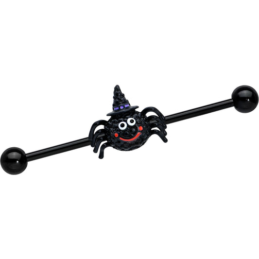 14G Black Halloween Smiling Witch Spider Industrial Barbell 38mm