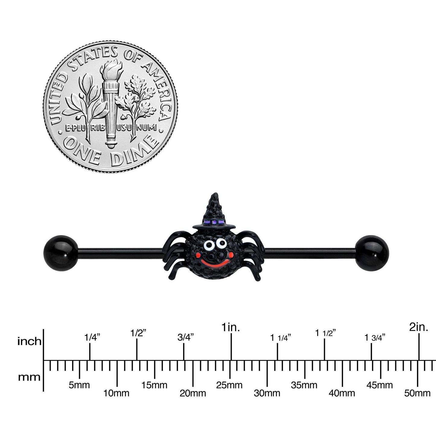 14G Black Halloween Smiling Witch Spider Industrial Barbell 38mm