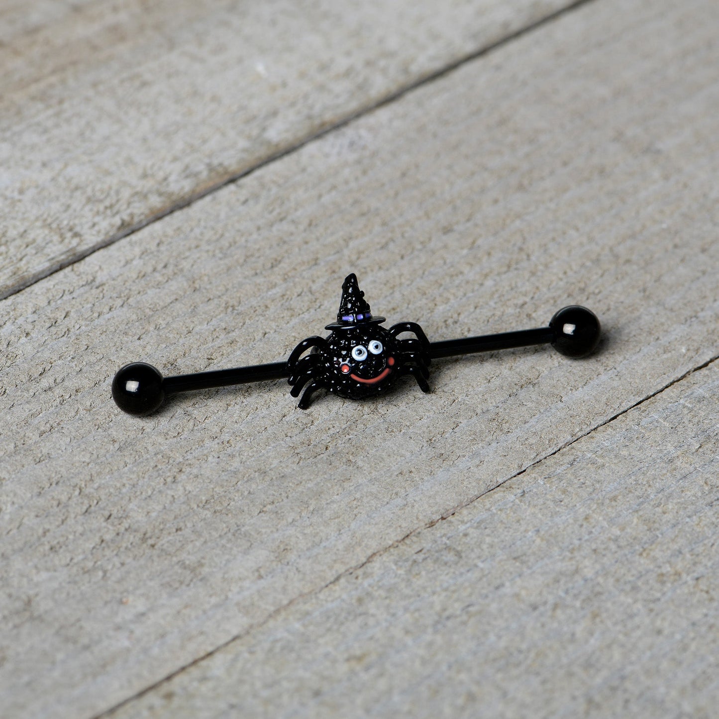 14G Black Halloween Smiling Witch Spider Industrial Barbell 38mm
