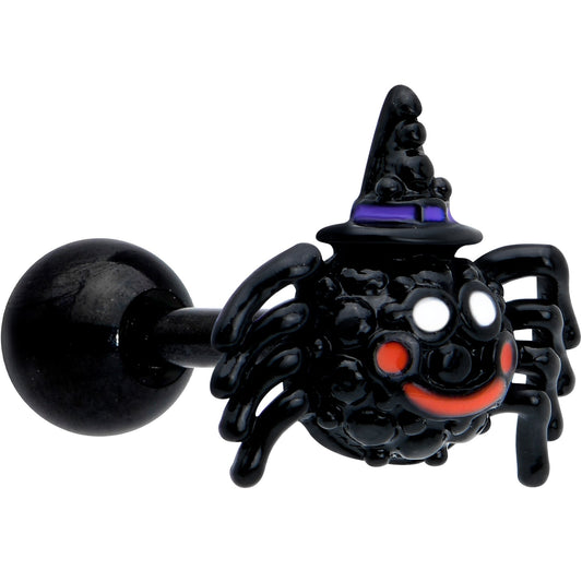 16G 1/4 Black Halloween Witchy Smiling Spider Cartilage Earring