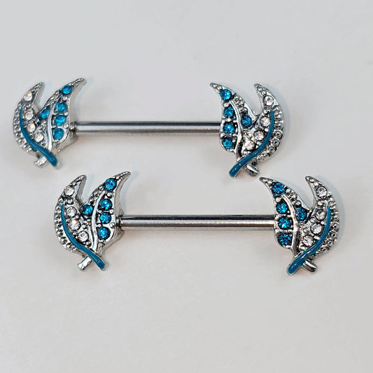 14G 9/16 Clear Blue Gem Lovely Leaves Barbell Nipple Ring Set
