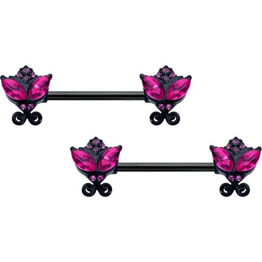 14G 9/16 Pink Gem Black Night Butterflies Barbell Nipple Ring Set