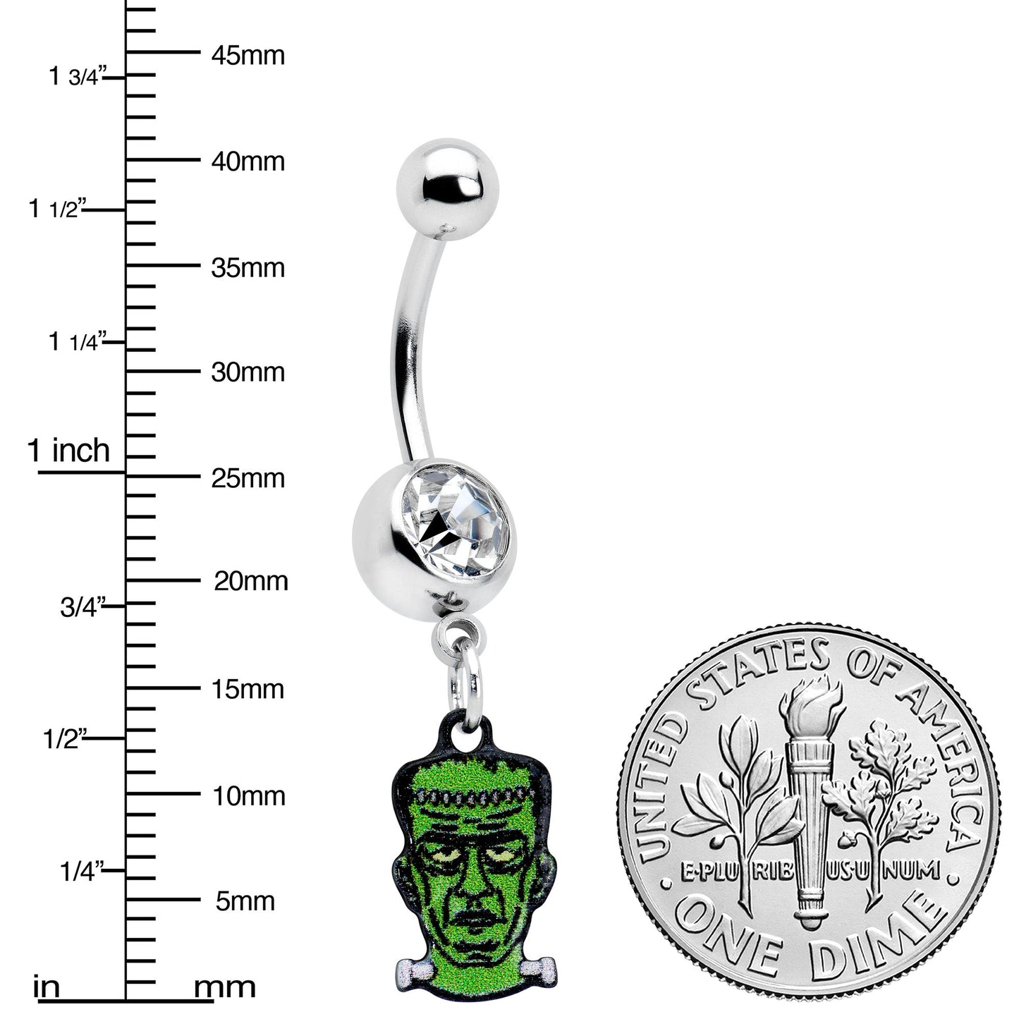 Clear Gem Frankenstein Head Green Glow in the Dark Dangle Belly Ring