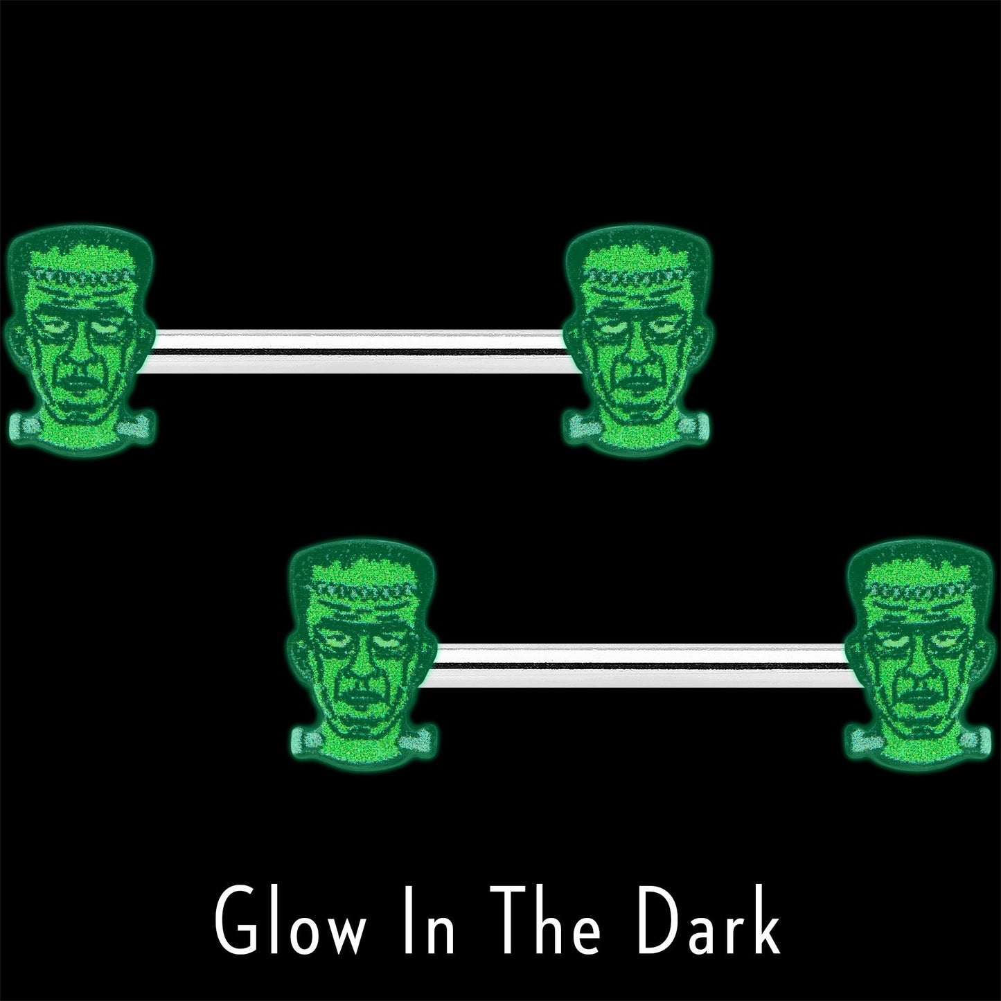 14G 9/16 Frankenstein Head Green Glow in the Dark Nipple Ring Set