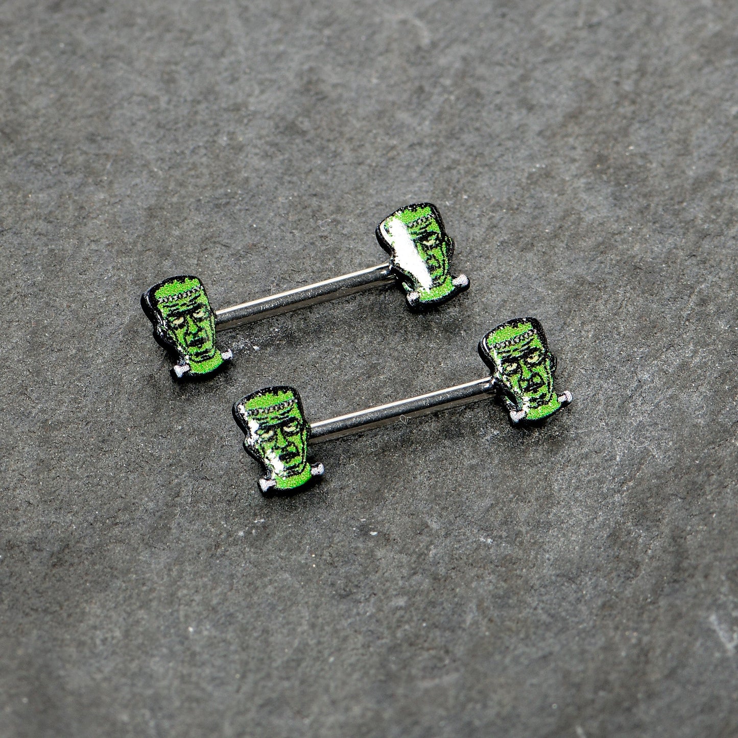 14G 9/16 Frankenstein Head Green Glow in the Dark Nipple Ring Set
