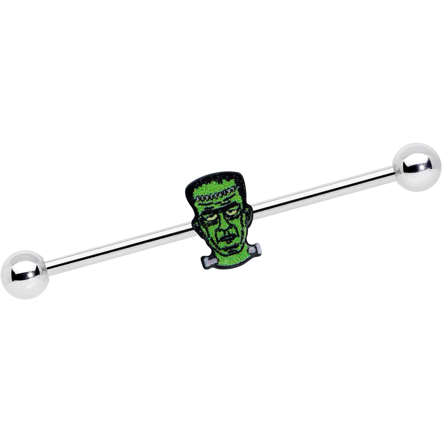 14G Frankenstein Head Green Glow in Dark Industrial Barbell 38mm