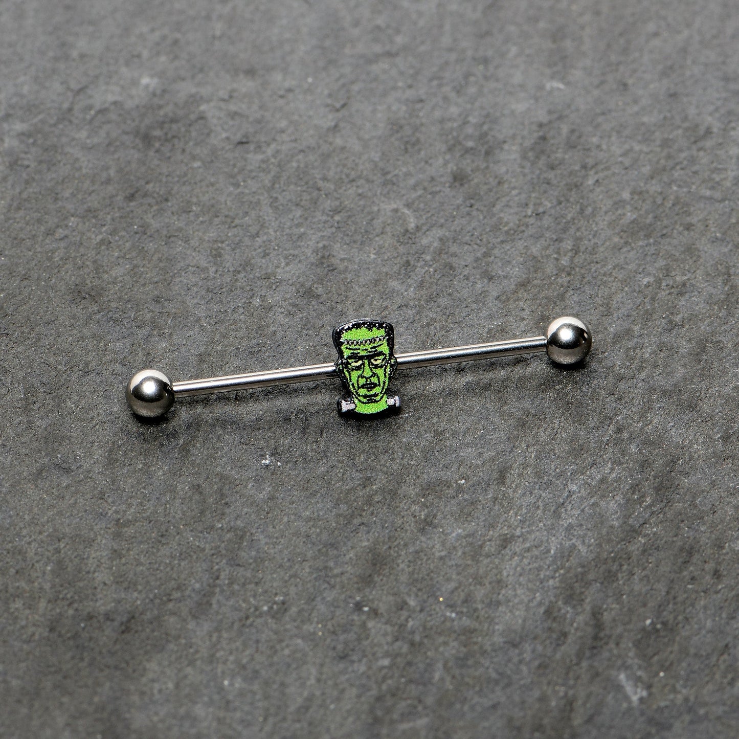 14G Frankenstein Head Green Glow in Dark Industrial Barbell 38mm