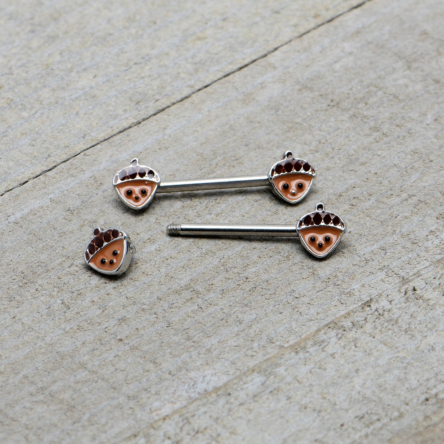 14G 9/16 Autumn Acorn Face Brown Fall Barbell Nipple Ring Set