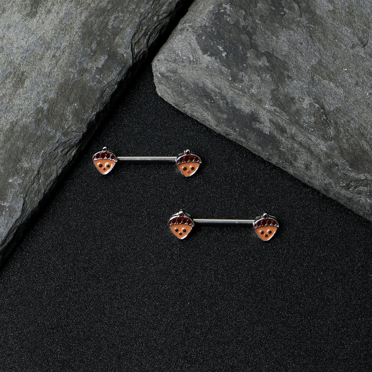 14G 9/16 Autumn Acorn Face Brown Fall Barbell Nipple Ring Set