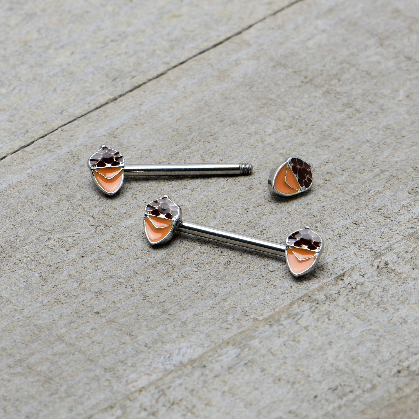 14G 9/16 Autumn Acorn Brown Orange Barbell Nipple Ring Set