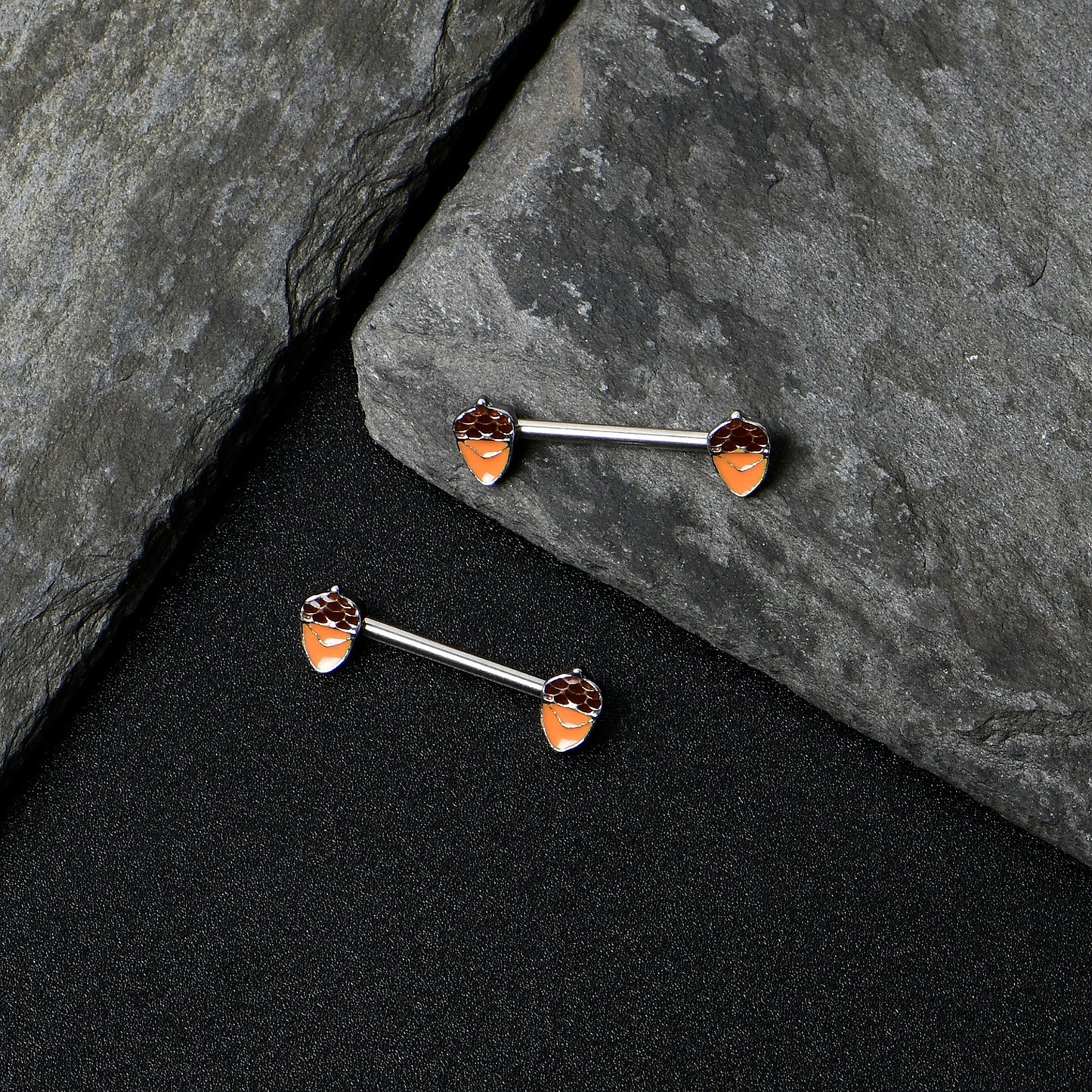 14G 9/16 Autumn Acorn Brown Orange Barbell Nipple Ring Set