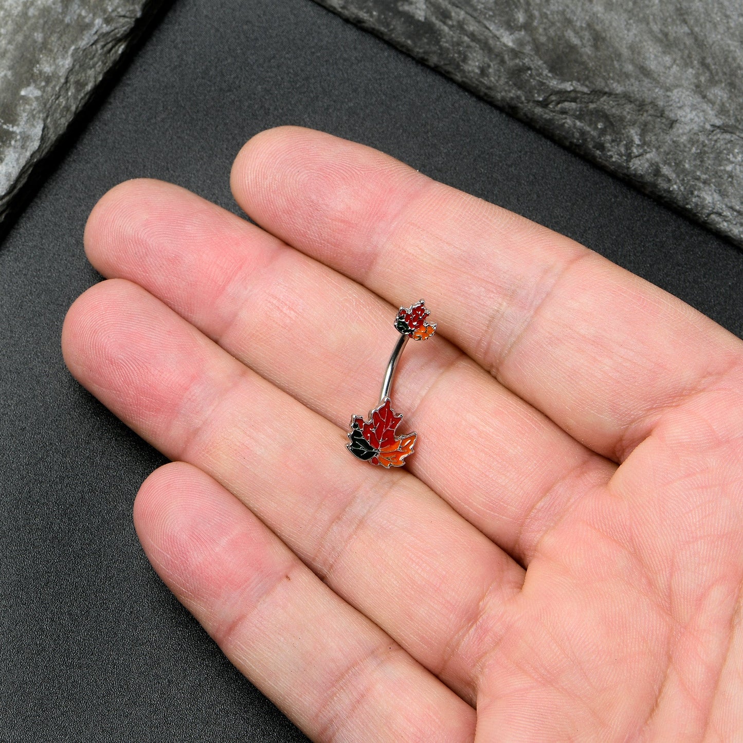 Autumn Tricolor Maple Leaves Red Green Orange Double Mount Belly Ring