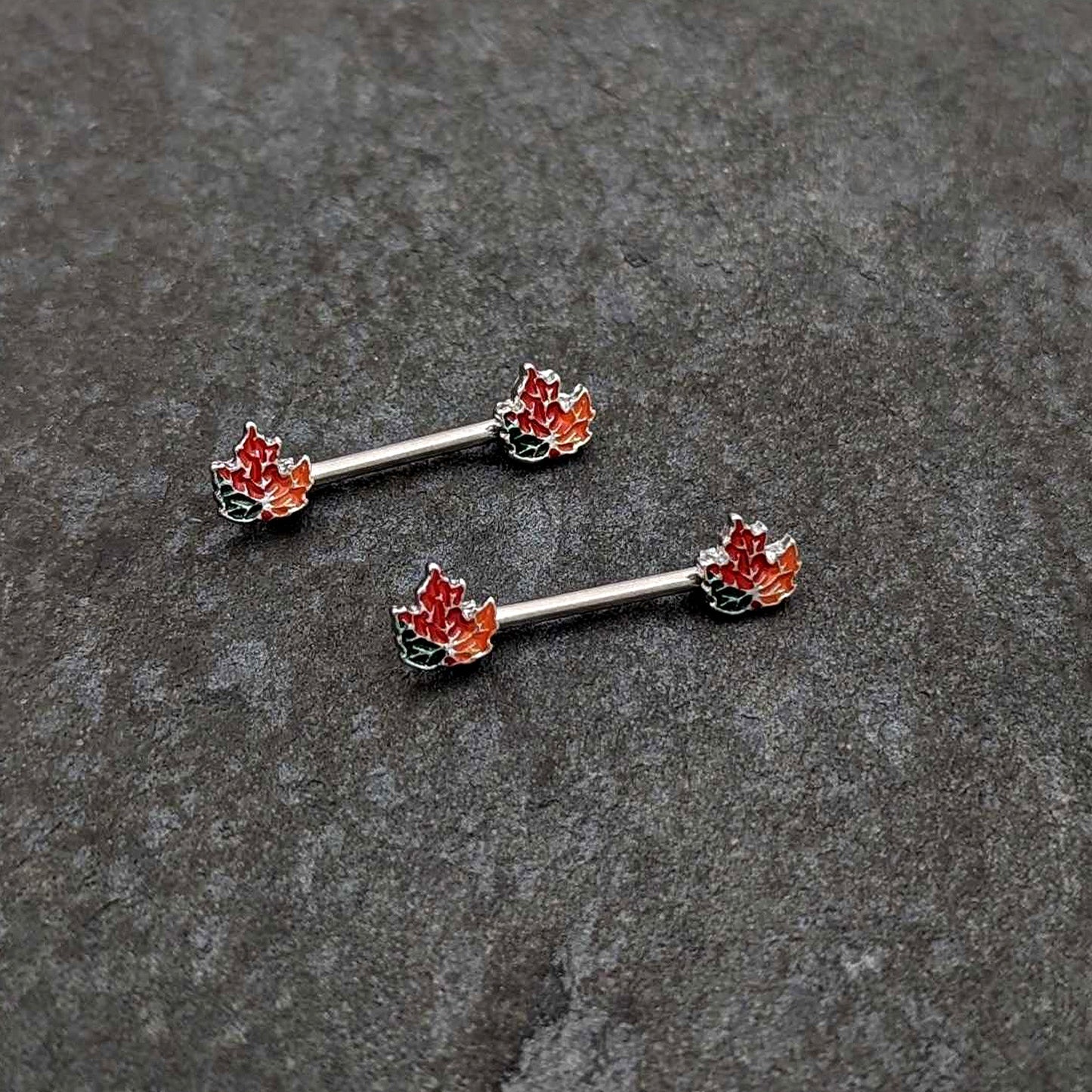 14G 9/16 Autumn Tricolor Maple Leaf Barbell Nipple Ring Set