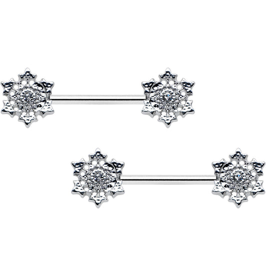 14G 9/16 Clear Gem Filigree Winter Snowflake Nipple Ring Set