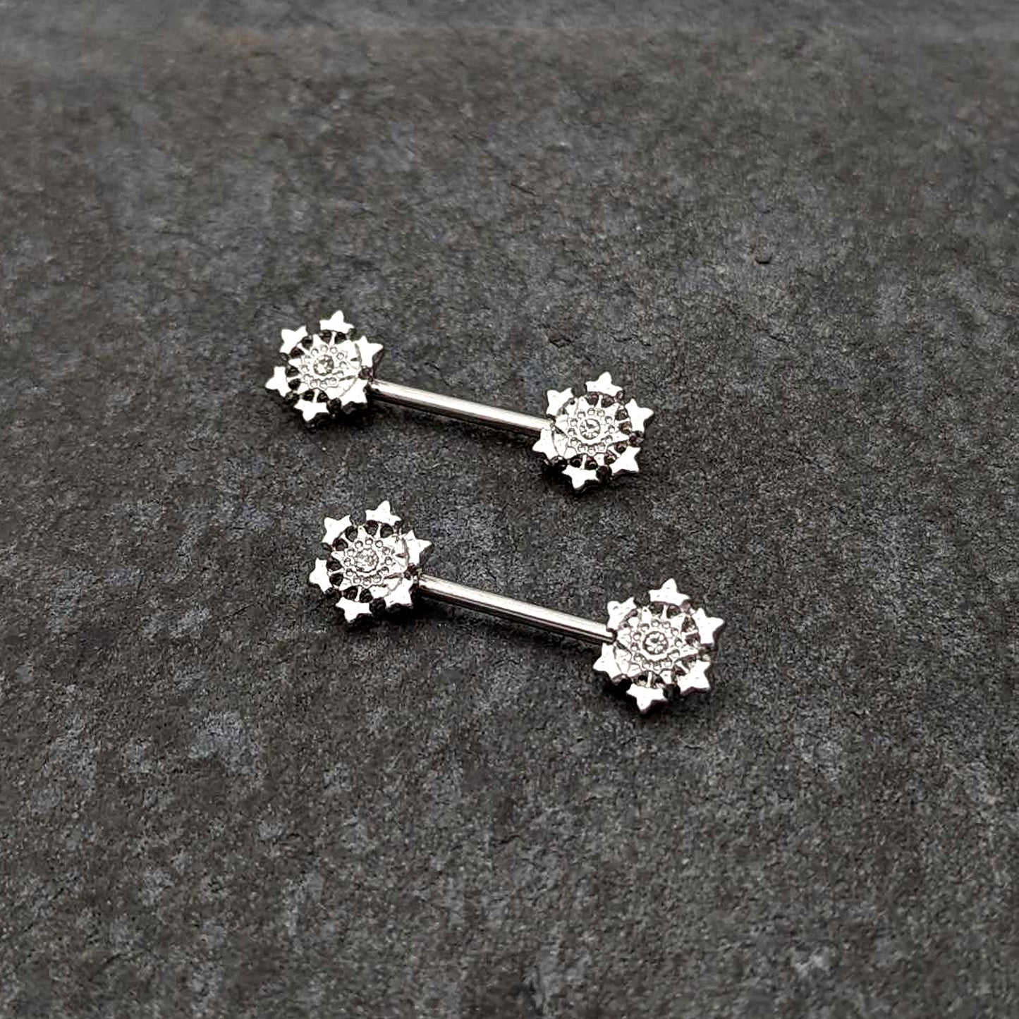 14G 9/16 Clear Gem Filigree Winter Snowflake Nipple Ring Set