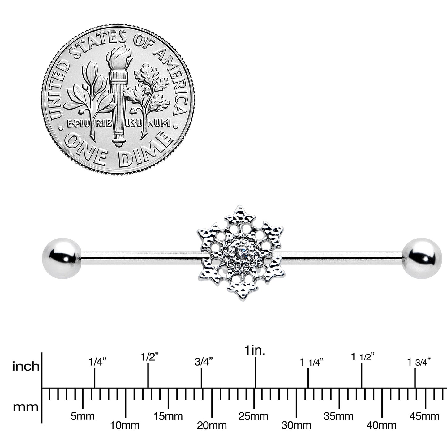 14G Clear Gem Filigree Winter Snowflake Industrial Barbell 38mm