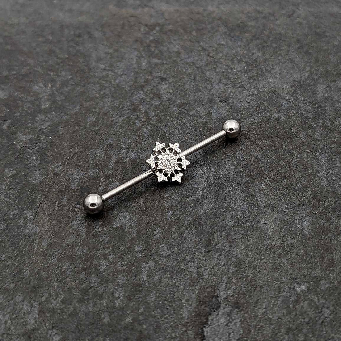 14G Clear Gem Filigree Winter Snowflake Industrial Barbell 38mm
