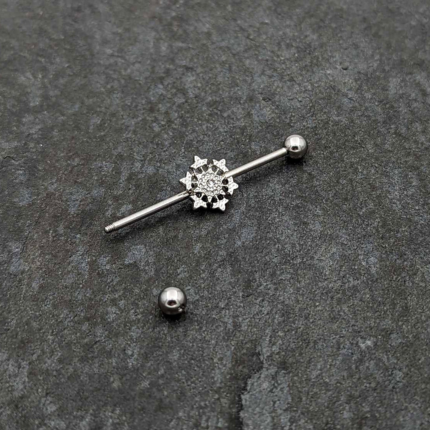 14G Clear Gem Filigree Winter Snowflake Industrial Barbell 38mm