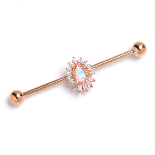 14G White Synthetic Opal Rose Gold Tone Swank Industrial Barbell 38mm