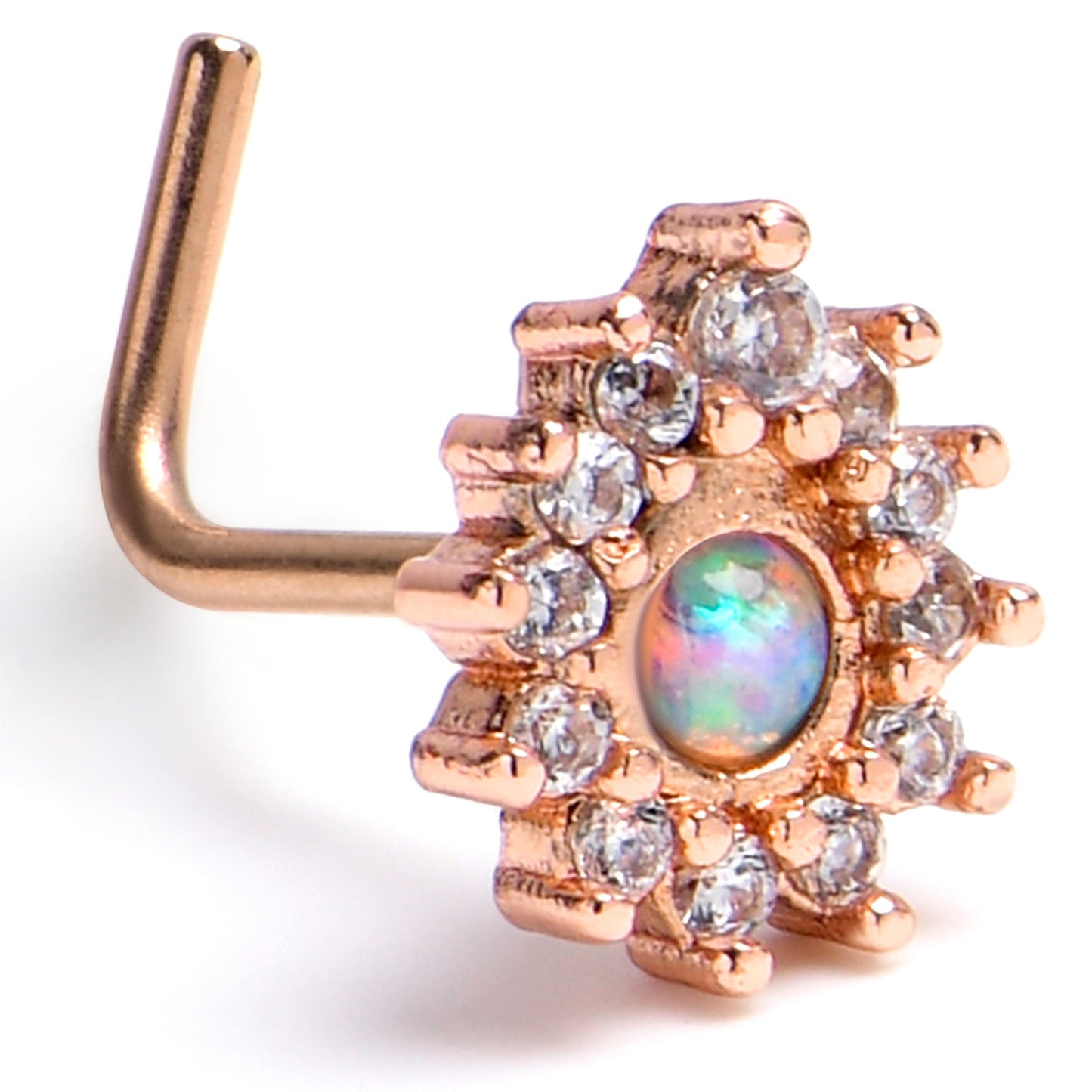 20G 7mm White Synthetic Opal Rose Gold Tone Lush L Shape Nose Ring
