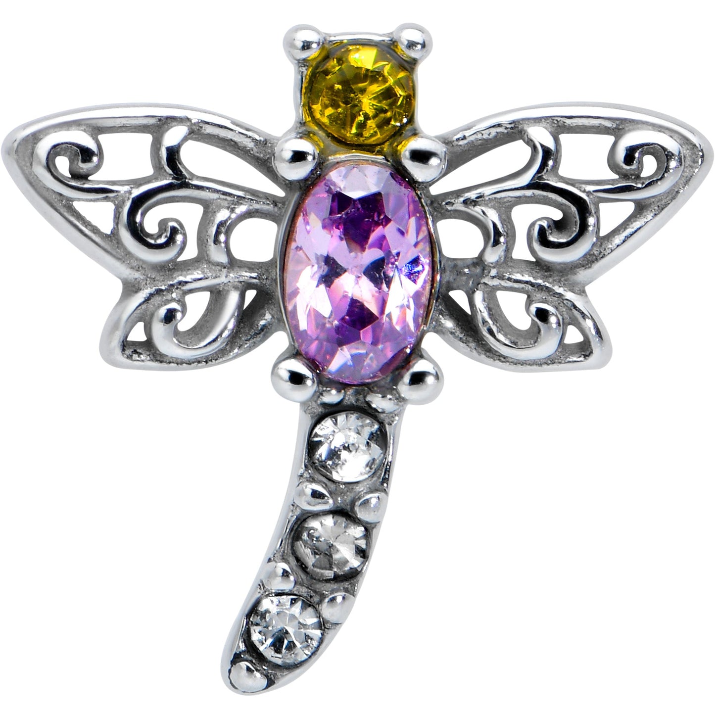 Purple Yellow Clear Gem Dragonfly Barbell Tongue Ring