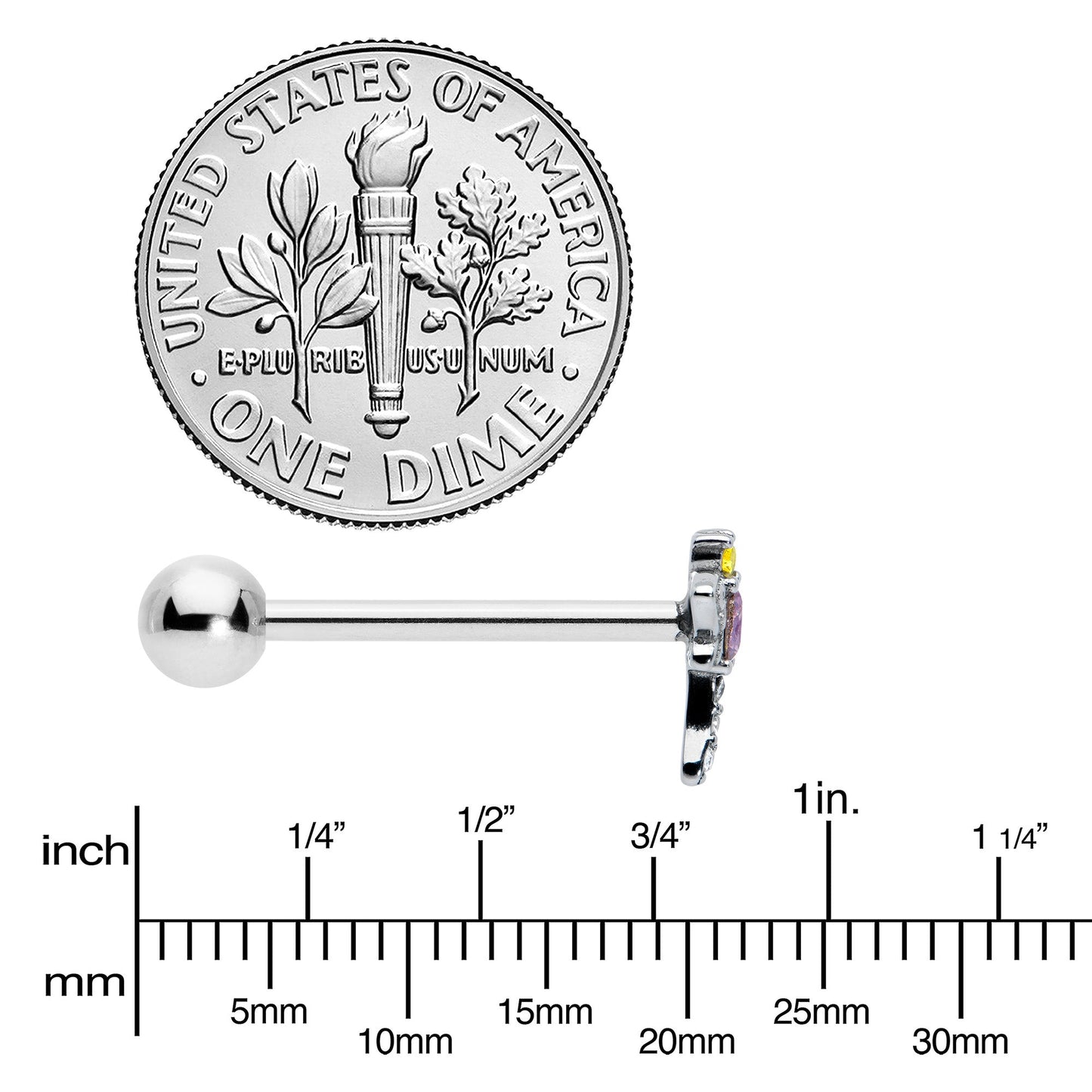 Purple Yellow Clear Gem Dragonfly Barbell Tongue Ring