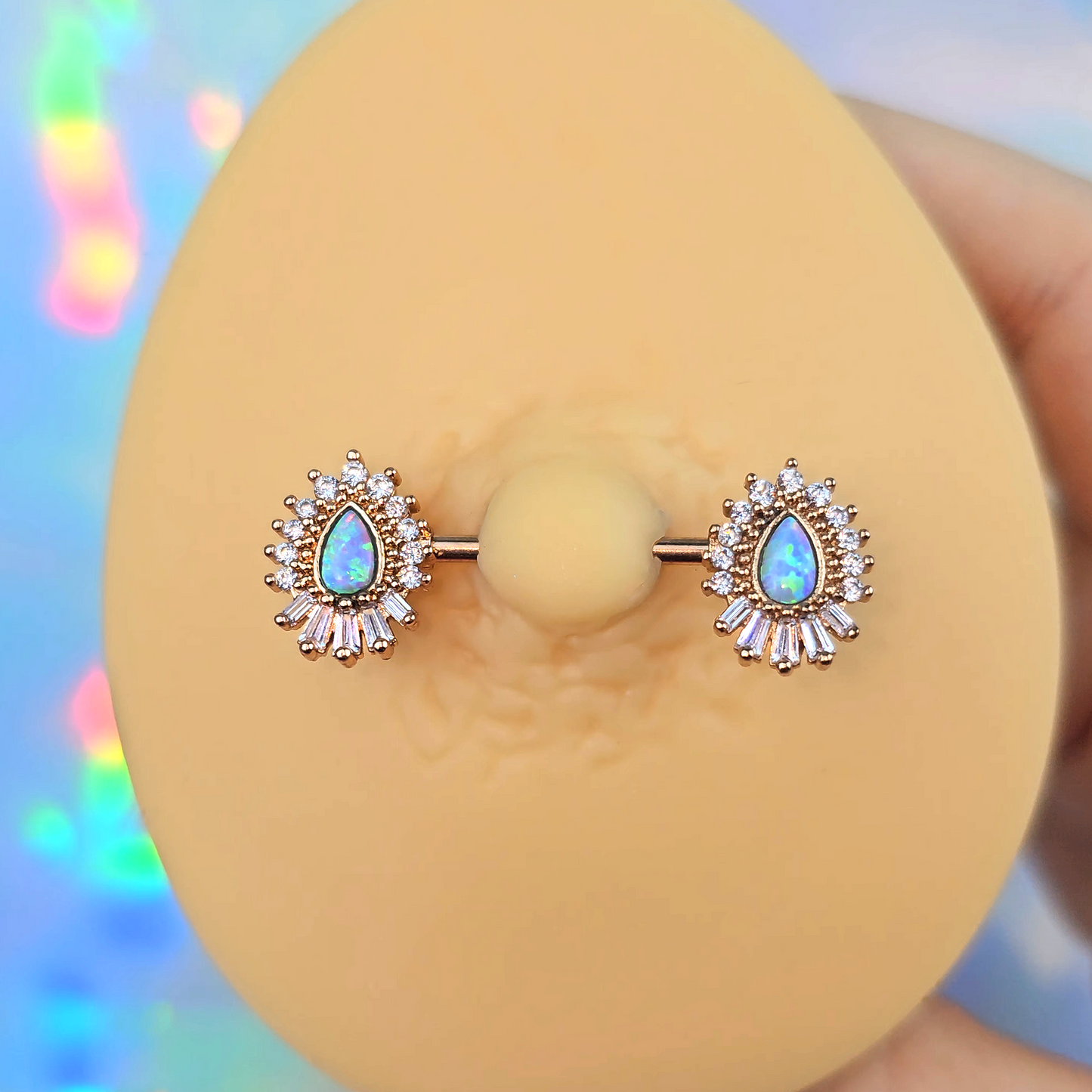 14G 9/16 White Synthetic Opal Rose Gold Tone Barbell Nipple Ring Set