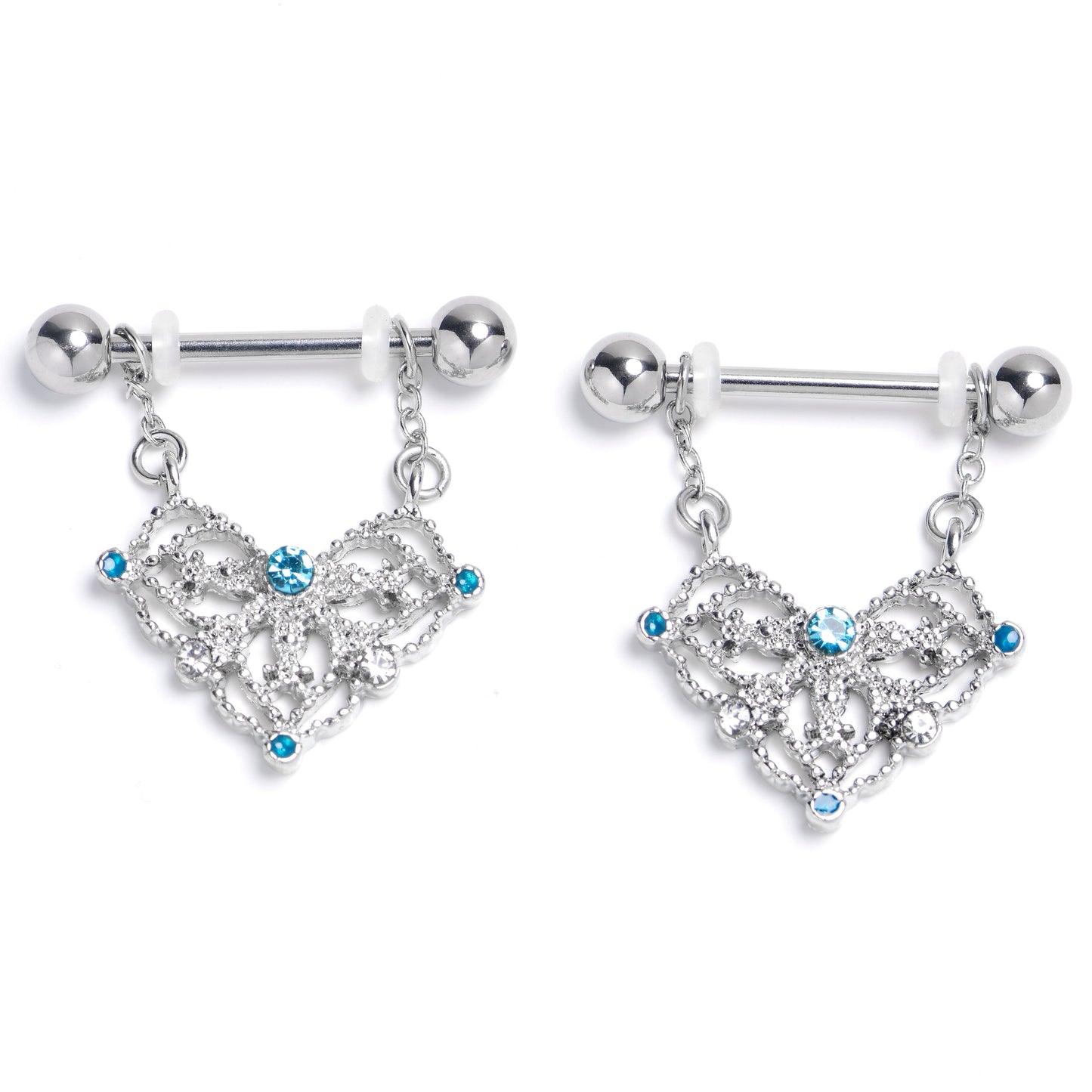 14G 9/16 Blue Gem Lacy Rhombus Chain Dangle Nipple Ring Set