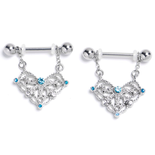 14G 9/16 Blue Gem Lacy Rhombus Chain Dangle Nipple Ring Set