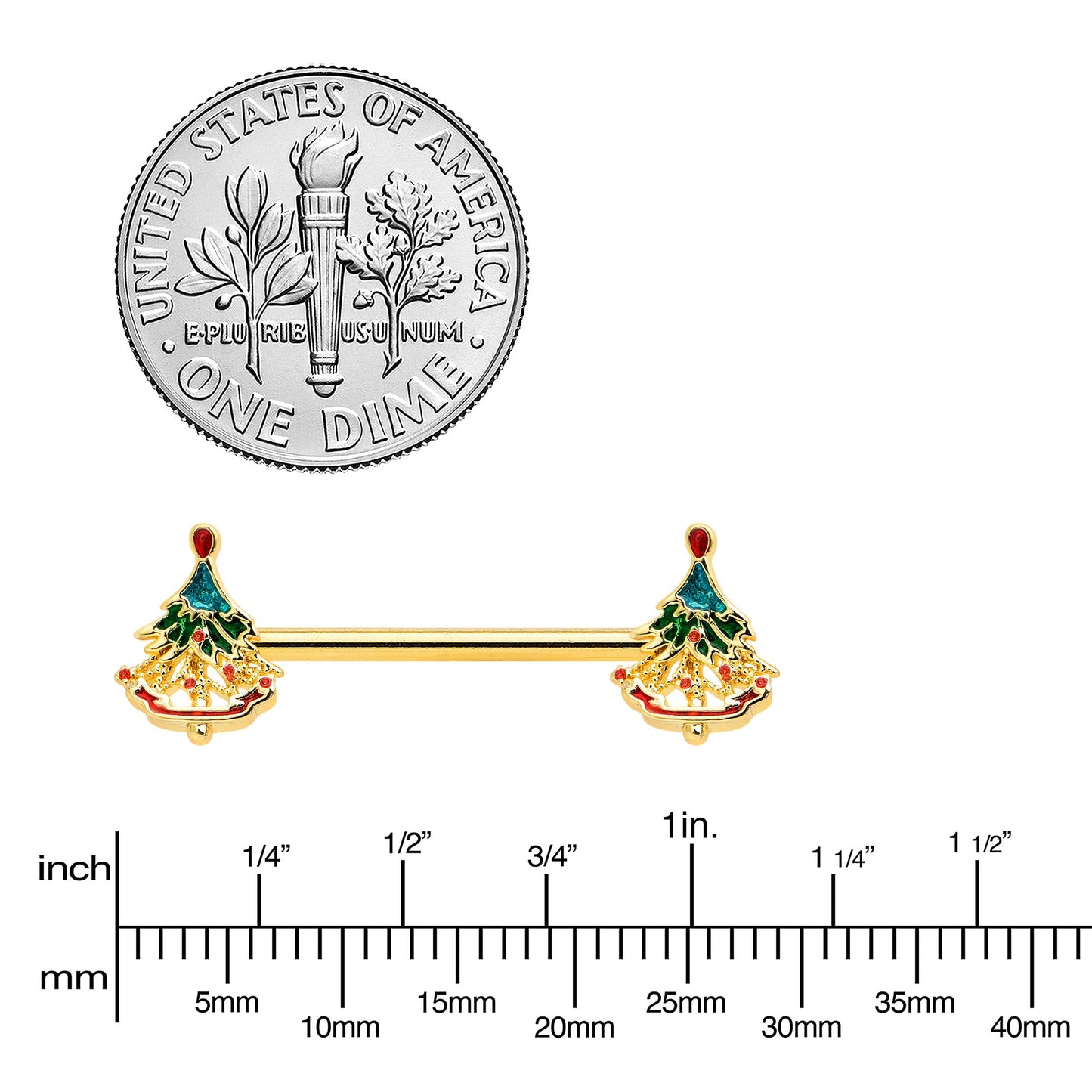 14G 9/16 Red Gem Gold Hue Deco Holiday Tree Barbell Nipple Ring Set