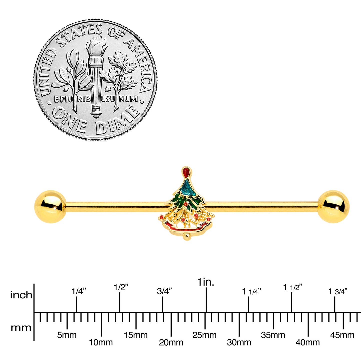 14G Red Gem Gold Tone Deco Holiday Tree Industrial Barbell 38mm