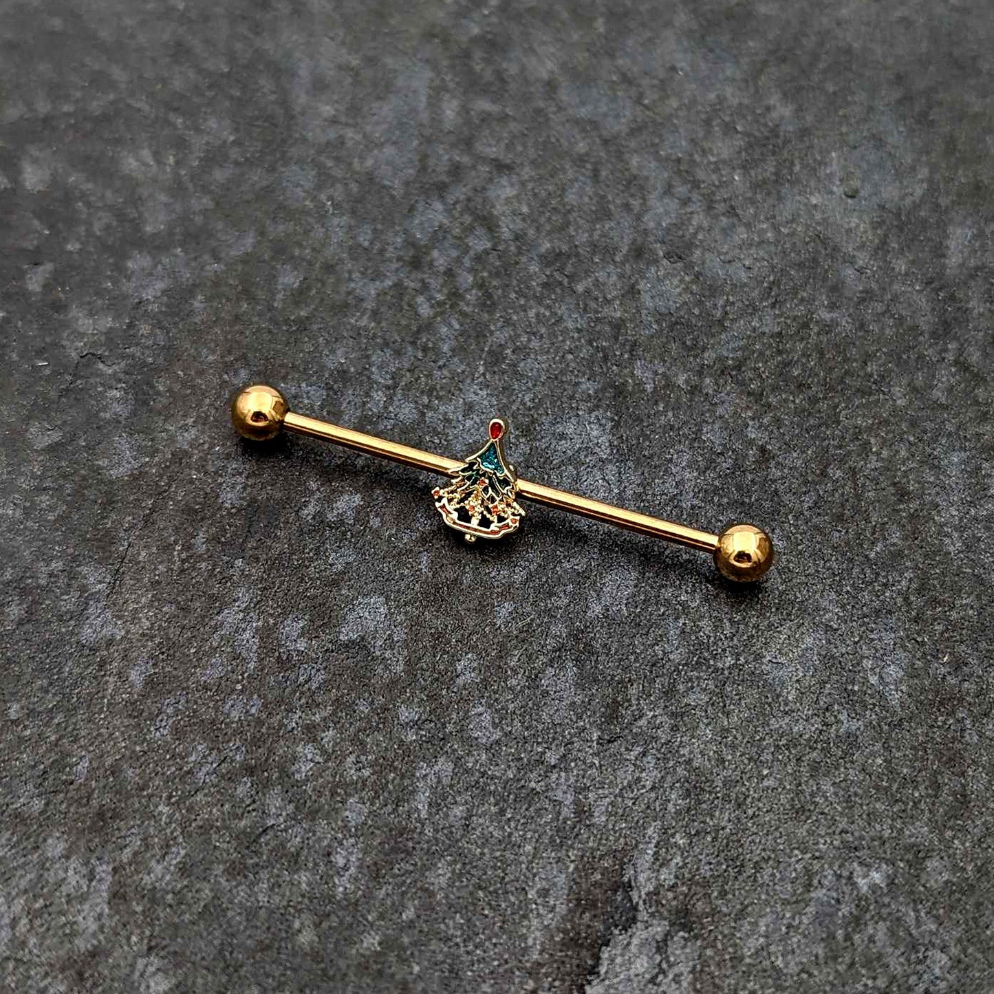 14G Red Gem Gold Tone Deco Holiday Tree Industrial Barbell 38mm