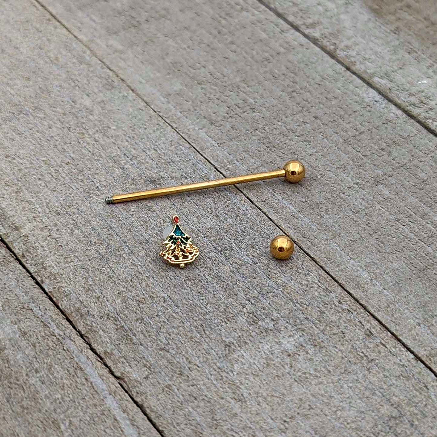 14G Red Gem Gold Tone Deco Holiday Tree Industrial Barbell 38mm