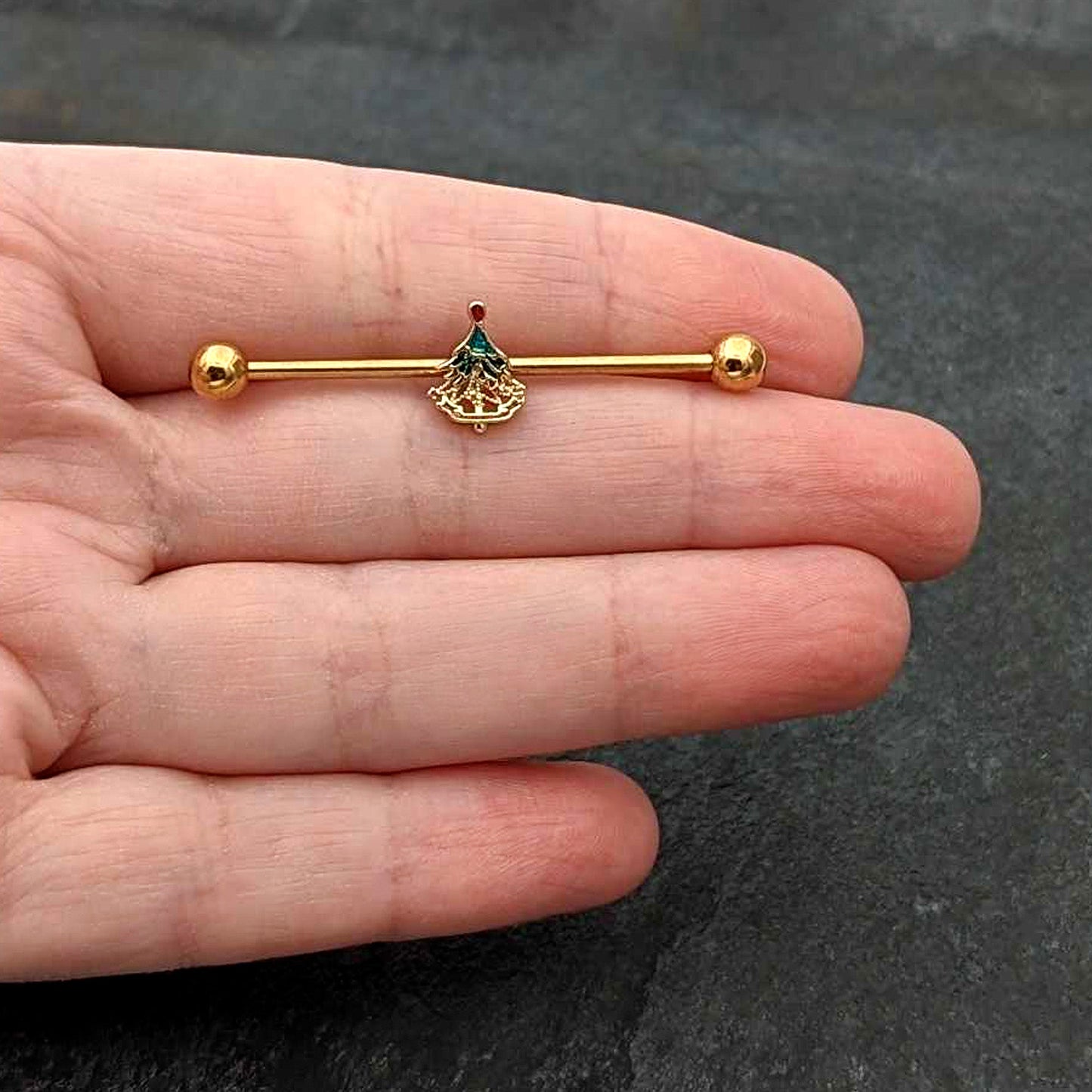 14G Red Gem Gold Tone Deco Holiday Tree Industrial Barbell 38mm