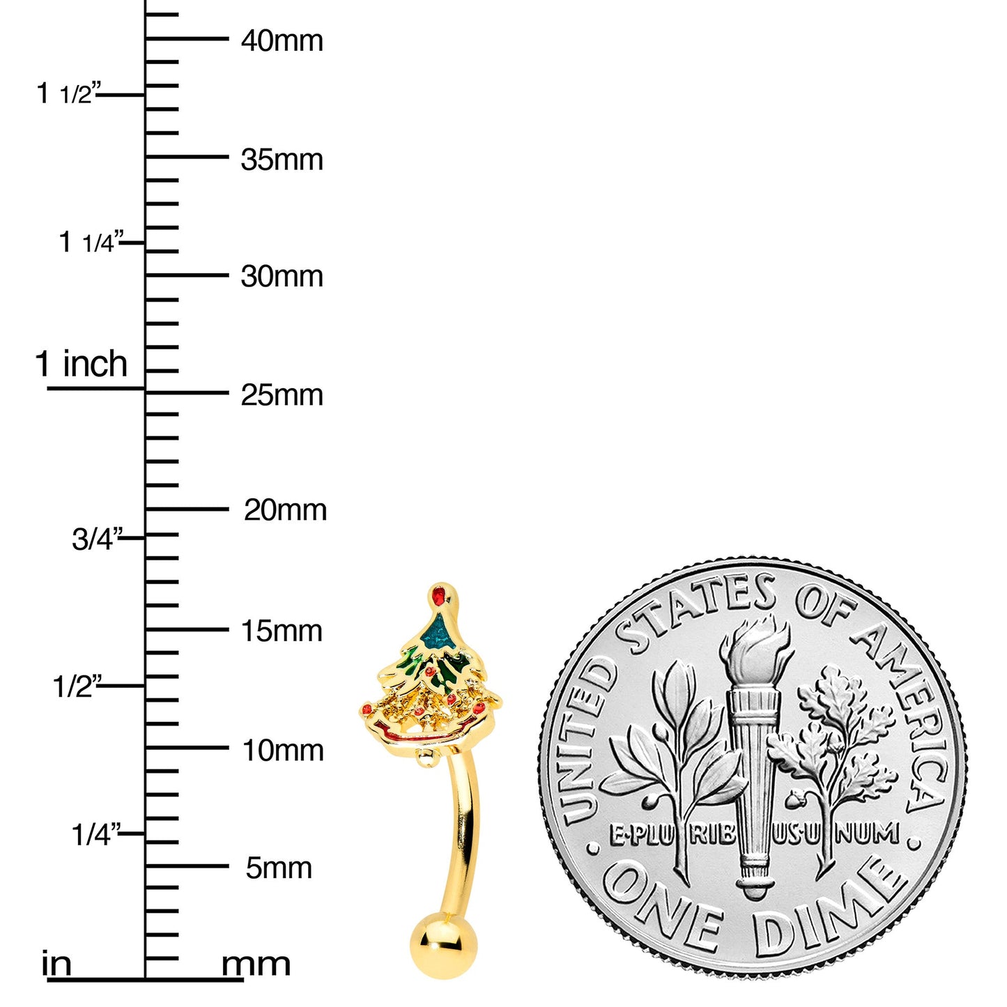 16G 5/16 Red Gem Gold Tone Deco Holiday Tree Curved Eyebrow Ring