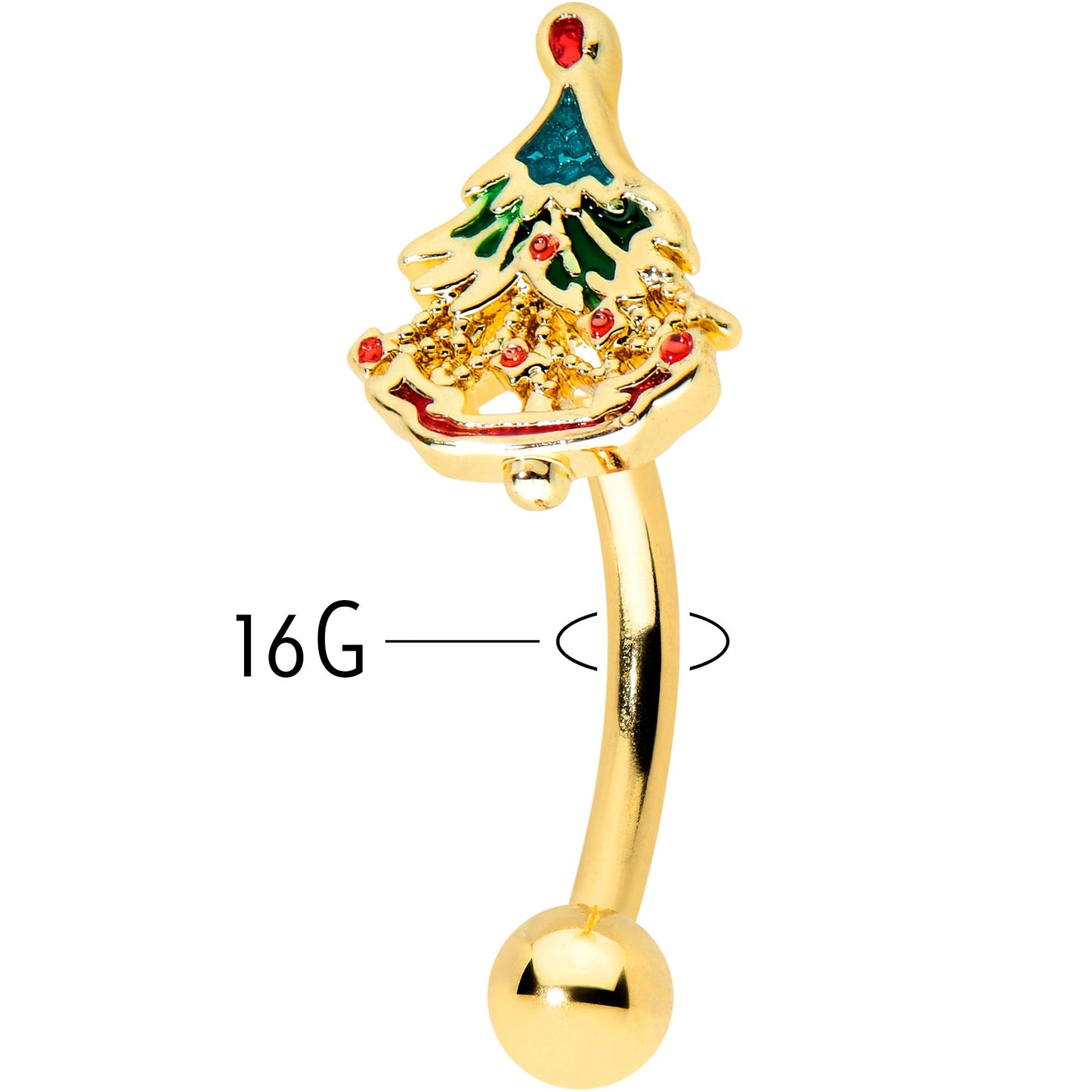 16G 5/16 Red Gem Gold Tone Deco Holiday Tree Curved Eyebrow Ring