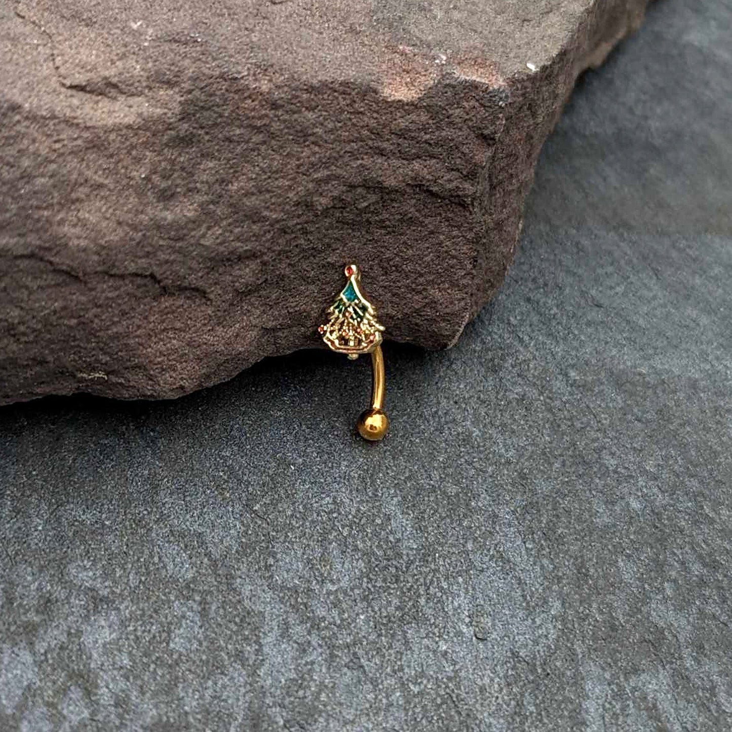 16G 5/16 Red Gem Gold Tone Deco Holiday Tree Curved Eyebrow Ring